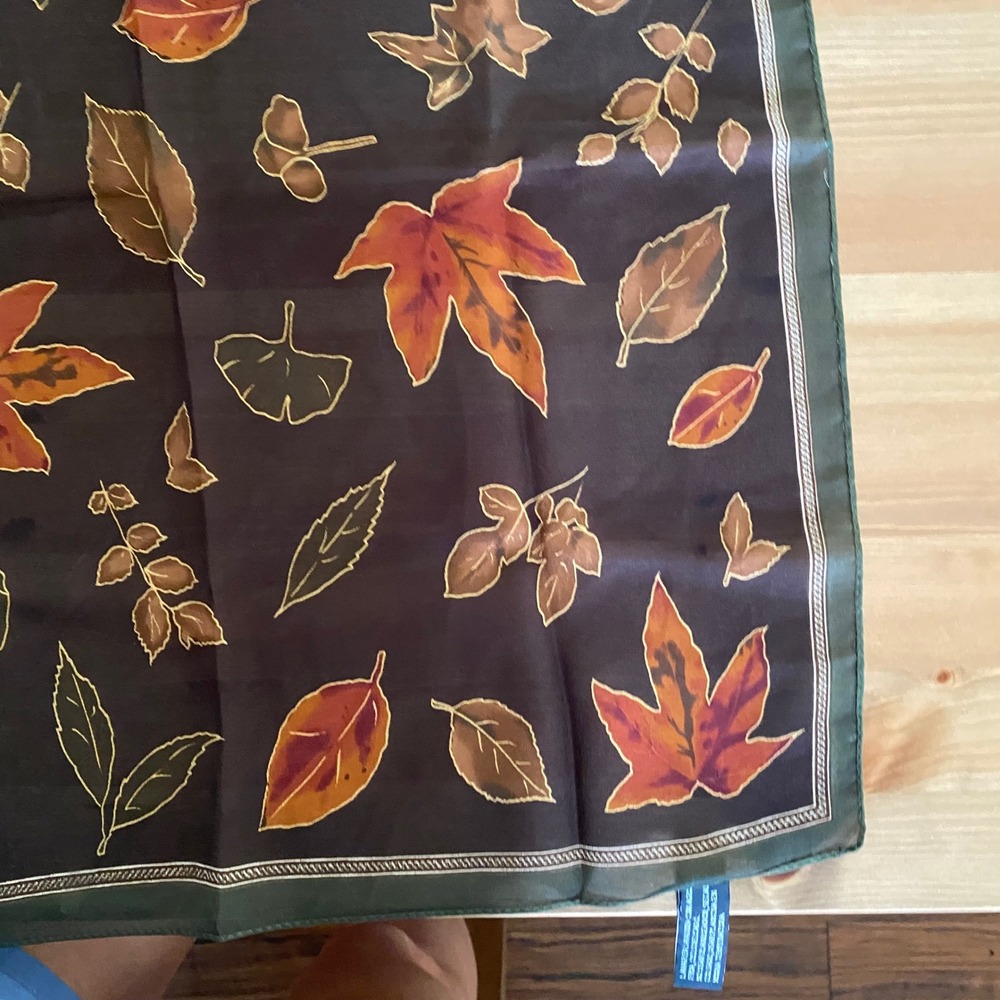 Vintage Brown Green Fall Leaf Print Square Polyester Scarf Small - Picture 10 of 12